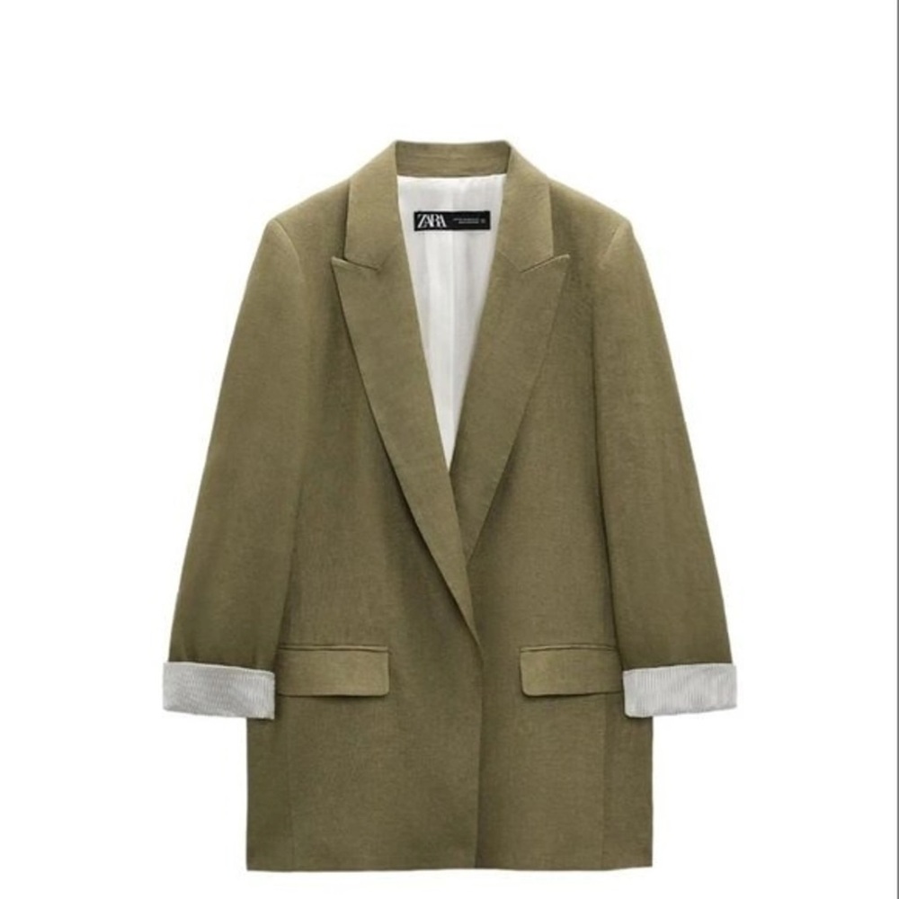 NWT ZARA LINEN BLAZER WITH PRINTED SLEEVES GREEN SIZE XS  7979/306/505